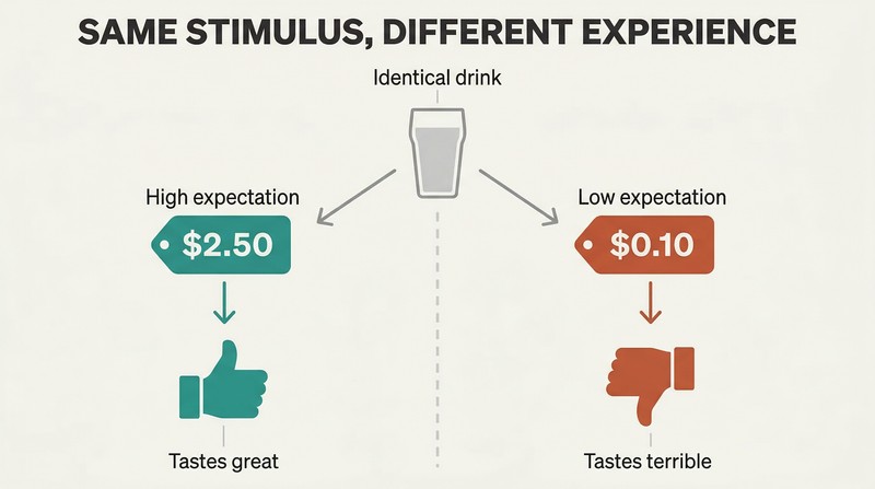 Split panel showing an identical drink passing through high-price and low-price expectation filters to produce opposite enjoyment outcomes.