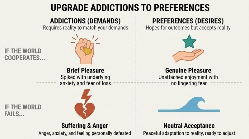 A two-by-two comparison matrix showing how changing mental wiring from demanding addictions to flexible preferences eliminates suffering when external events fail.