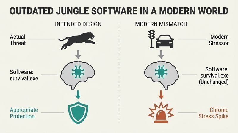 Split-panel diagram showing how our brain's ancient fight-or-flight survival software reacts to minor modern stressors as if they were lethal jungle predators.
