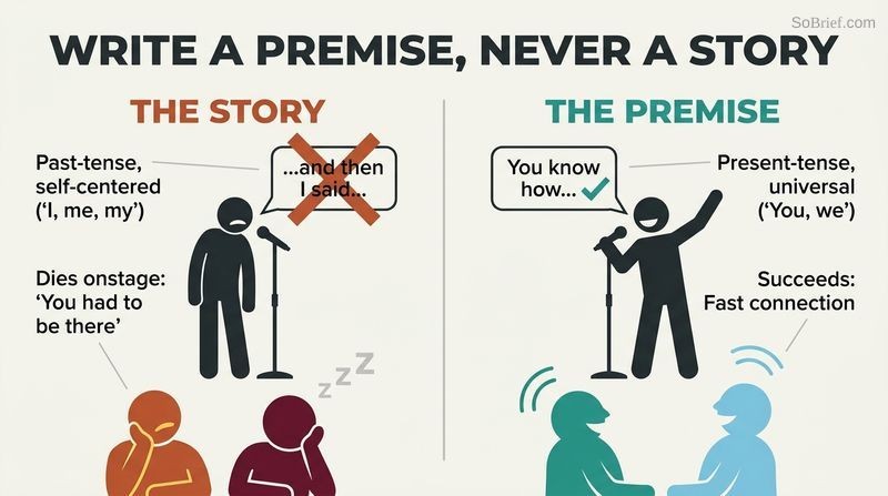 Split panel diagram comparing a self-centered story that bores an audience with a universal premise that immediately connects and gets laughs.