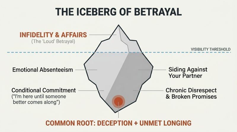 Iceberg diagram showing infidelity as the small visible tip above water, while quiet nonsexual betrayals make up the massive submerged portion, all feeding from a deep root of deception and unmet longing.