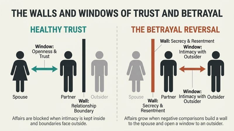 Split-panel diagram showing how emotional affairs slowly develop by reversing relationship walls and windows, shifting openness to an outsider while locking out the spouse.
