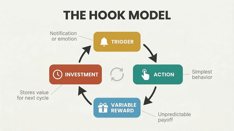Four-phase circular loop showing Trigger, Action, Variable Reward, and Investment connected by arrows in a self-reinforcing habit cycle.