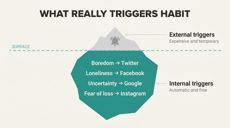 Iceberg diagram showing notification-based external triggers as a small portion above water and powerful negative emotions like boredom and loneliness as the massive hidden portion below.