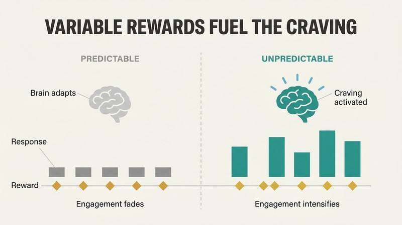 Split panel comparing predictable rewards with flat engagement bars against unpredictable rewards with tall, intense engagement bars.