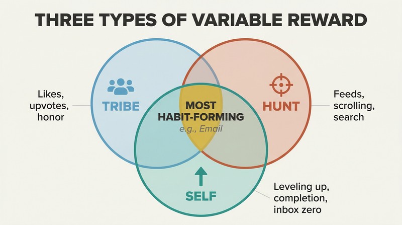 Venn diagram of three overlapping circles labeled Tribe, Hunt, and Self, with icons and examples in each, and the center overlap highlighting the most habit-forming products.