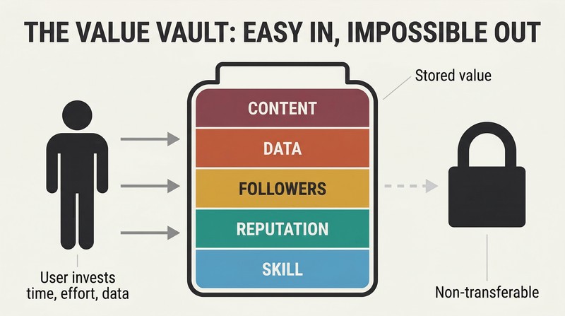 A tall container filled with five stacked layers of stored value — content, data, followers, reputation, and skill — with arrows entering but a lock preventing exit.