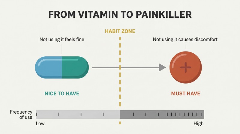 Horizontal transformation showing a vitamin capsule on the left crossing a dashed "Habit Zone" threshold to become a painkiller pill on the right, with increasing frequency indicated below.