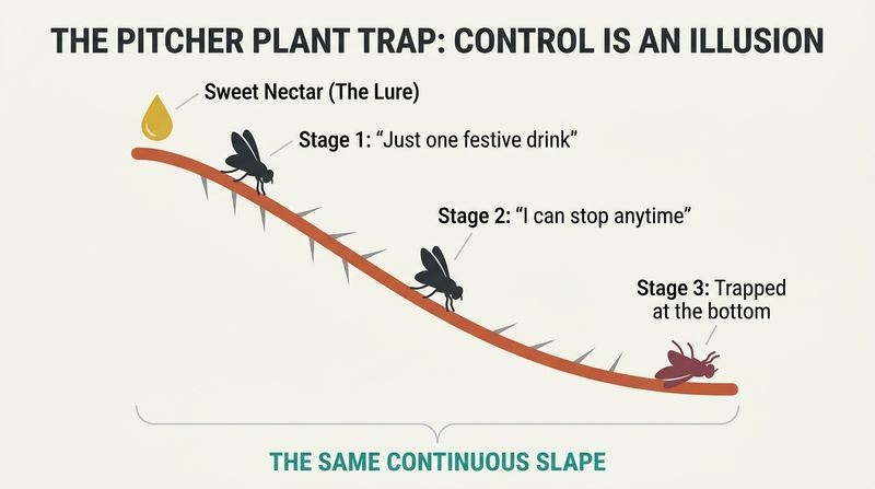 A cross-section diagram of a pitcher plant's slippery slope, showing that casual, regular, and chronic drinkers are all on the same one-way descent.