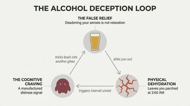 A three-stage circular loop diagram showing how alcohol creates the very physical discomfort and thirst that it falsely promises to relieve.
