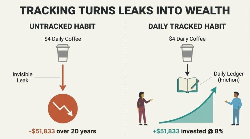 Split-panel diagram showing a $4 daily coffee draining into a $51,833 compound loss when untracked, versus compounding into $51,833 of invested wealth when daily tracking is applied.