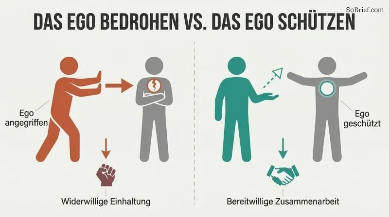 Split panel comparing two approaches: threatening someone's ego produces crossed-arms resistance while protecting their ego produces open-handed cooperation.