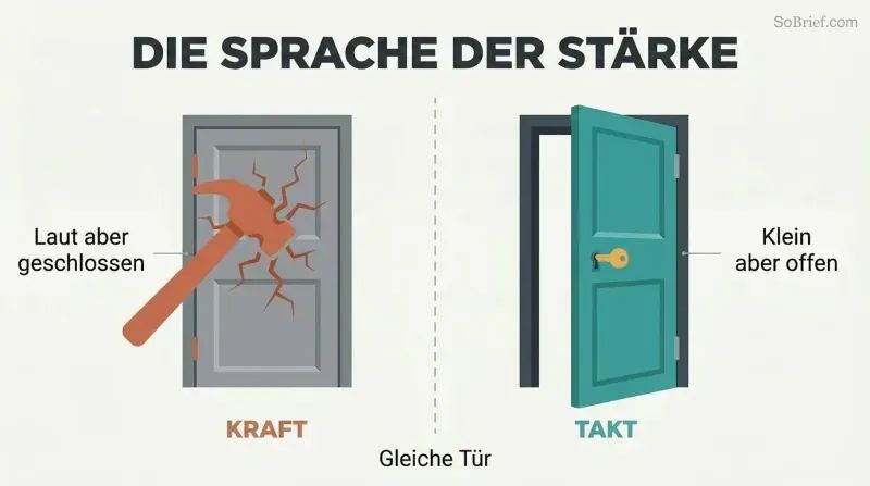 Split panel comparing a hammer breaking against a closed door on the left with a small key effortlessly opening an identical door on the right.