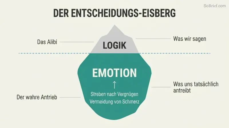 Iceberg diagram showing a small tip labeled logic above a waterline, with a much larger submerged mass labeled emotion containing pleasure and pain drivers.