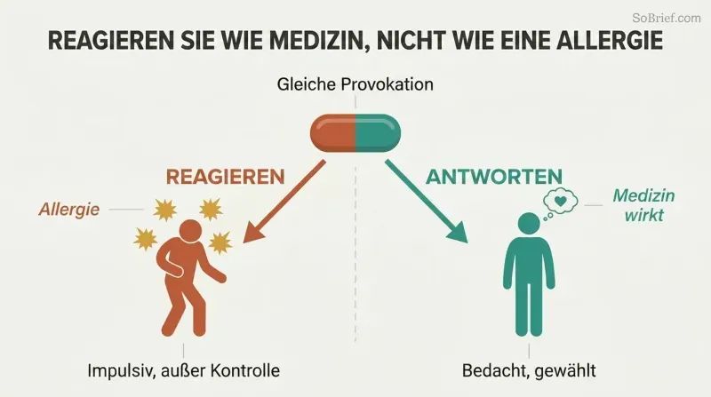 Fork diagram showing a single provocation splitting into two paths: reacting impulsively like an allergic reaction versus responding thoughtfully like effective medicine.