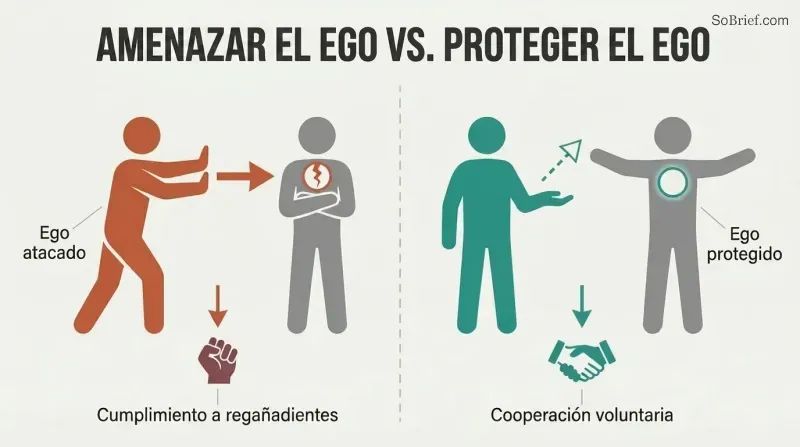 Split panel comparing two approaches: threatening someone's ego produces crossed-arms resistance while protecting their ego produces open-handed cooperation.