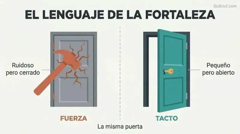 Split panel comparing a hammer breaking against a closed door on the left with a small key effortlessly opening an identical door on the right.