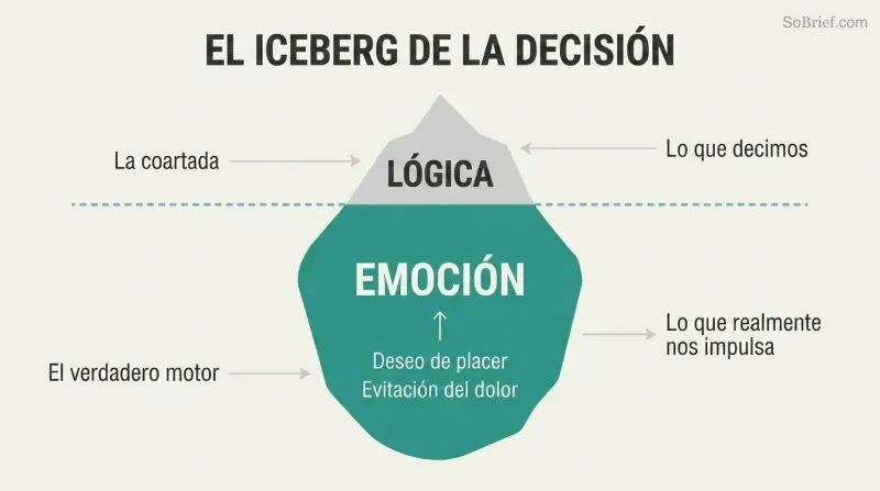 Iceberg diagram showing a small tip labeled logic above a waterline, with a much larger submerged mass labeled emotion containing pleasure and pain drivers.