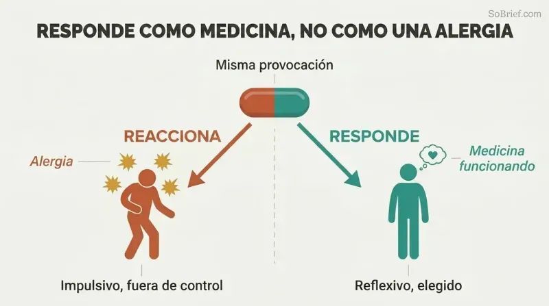 Fork diagram showing a single provocation splitting into two paths: reacting impulsively like an allergic reaction versus responding thoughtfully like effective medicine.