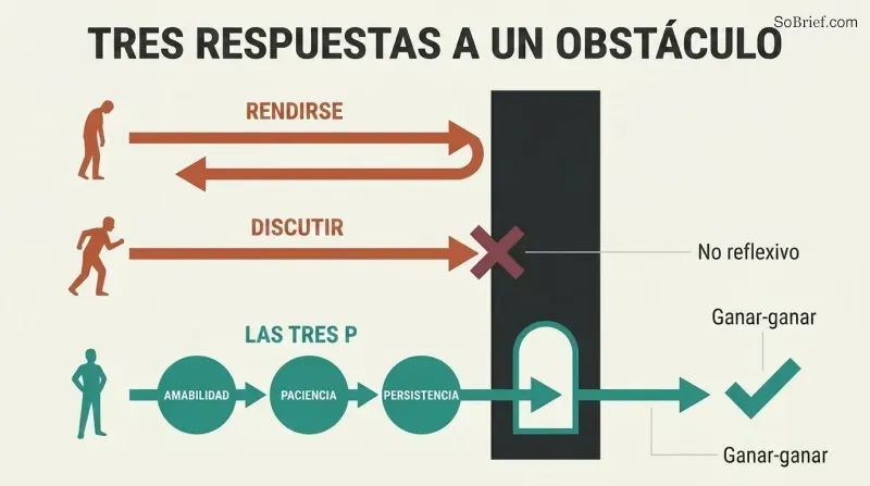 Three horizontal paths approach a vertical wall — surrender retreats, arguing collides, while politeness, patience, and persistence find a doorway through to success.