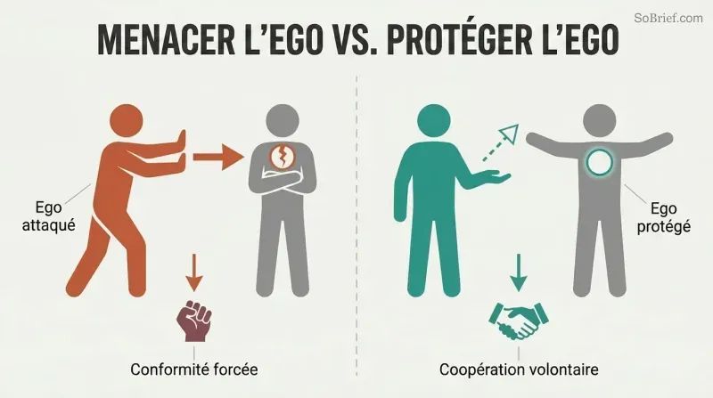 Split panel comparing two approaches: threatening someone's ego produces crossed-arms resistance while protecting their ego produces open-handed cooperation.