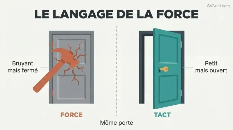 Split panel comparing a hammer breaking against a closed door on the left with a small key effortlessly opening an identical door on the right.