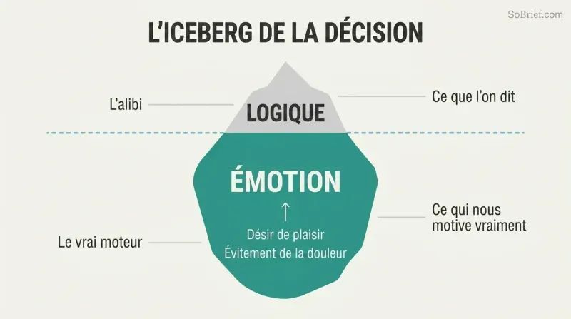 Iceberg diagram showing a small tip labeled logic above a waterline, with a much larger submerged mass labeled emotion containing pleasure and pain drivers.