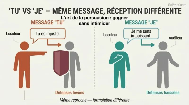 Split panel comparing accusatory "you" statements that trigger defensive shields versus "I" statements that create receptive openness.