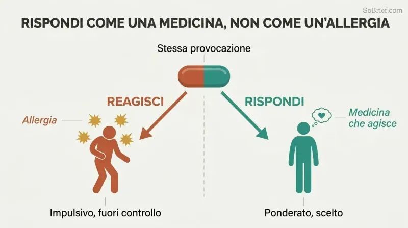 Fork diagram showing a single provocation splitting into two paths: reacting impulsively like an allergic reaction versus responding thoughtfully like effective medicine.
