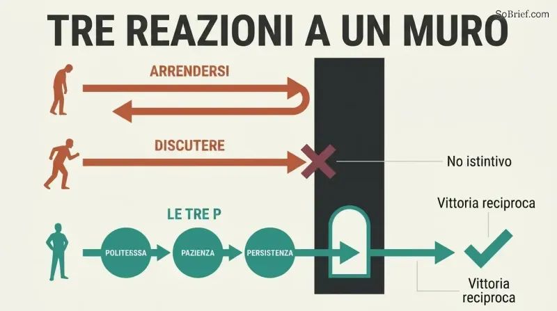 Three horizontal paths approach a vertical wall — surrender retreats, arguing collides, while politeness, patience, and persistence find a doorway through to success.