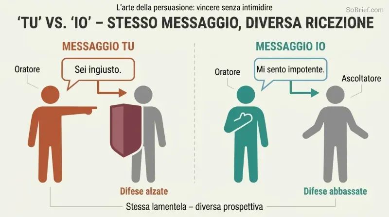 Split panel comparing accusatory "you" statements that trigger defensive shields versus "I" statements that create receptive openness.