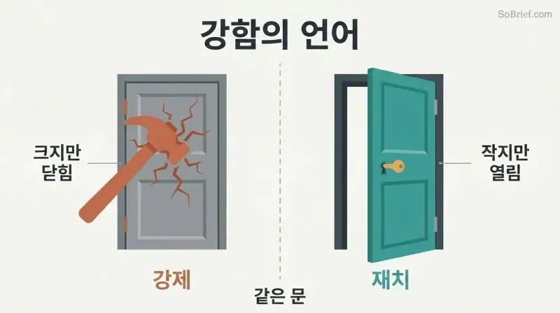Split panel comparing a hammer breaking against a closed door on the left with a small key effortlessly opening an identical door on the right.