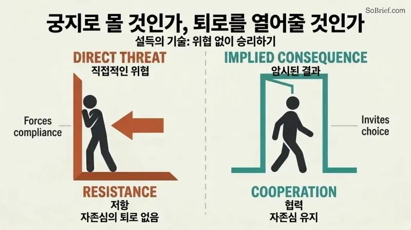 Split panel comparing a figure trapped in a corner by a direct threat versus a figure freely choosing to walk through an open doorway via an implied consequence.