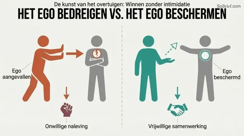 Split panel comparing two approaches: threatening someone's ego produces crossed-arms resistance while protecting their ego produces open-handed cooperation.