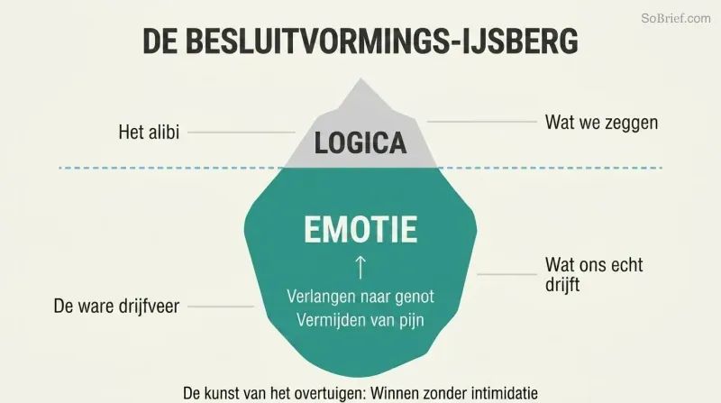 Iceberg diagram showing a small tip labeled logic above a waterline, with a much larger submerged mass labeled emotion containing pleasure and pain drivers.