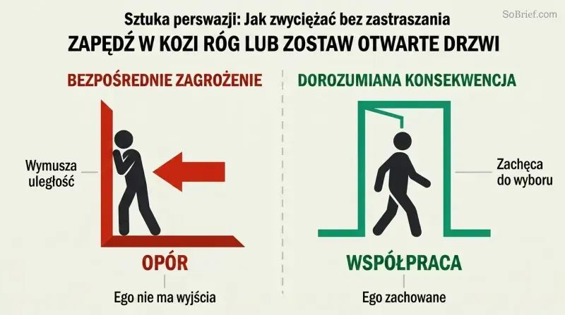 Split panel comparing a figure trapped in a corner by a direct threat versus a figure freely choosing to walk through an open doorway via an implied consequence.