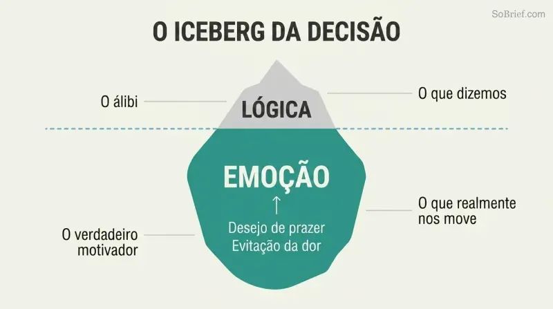 Iceberg diagram showing a small tip labeled logic above a waterline, with a much larger submerged mass labeled emotion containing pleasure and pain drivers.
