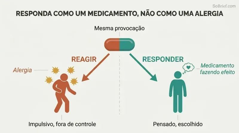 Fork diagram showing a single provocation splitting into two paths: reacting impulsively like an allergic reaction versus responding thoughtfully like effective medicine.