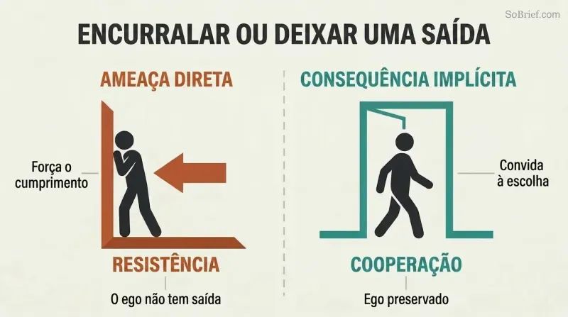 Split panel comparing a figure trapped in a corner by a direct threat versus a figure freely choosing to walk through an open doorway via an implied consequence.