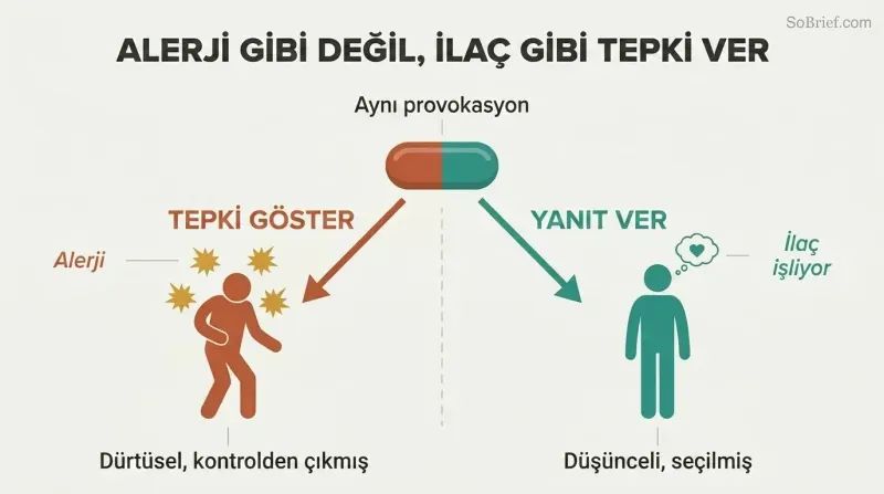 Fork diagram showing a single provocation splitting into two paths: reacting impulsively like an allergic reaction versus responding thoughtfully like effective medicine.