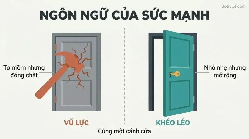 Split panel comparing a hammer breaking against a closed door on the left with a small key effortlessly opening an identical door on the right.