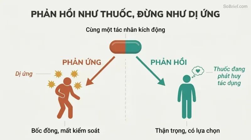 Fork diagram showing a single provocation splitting into two paths: reacting impulsively like an allergic reaction versus responding thoughtfully like effective medicine.
