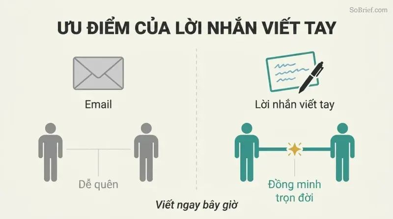 Split panel comparing an email that produces a thin faded connection line between two figures versus a handwritten note that produces a thick strong bond between them.