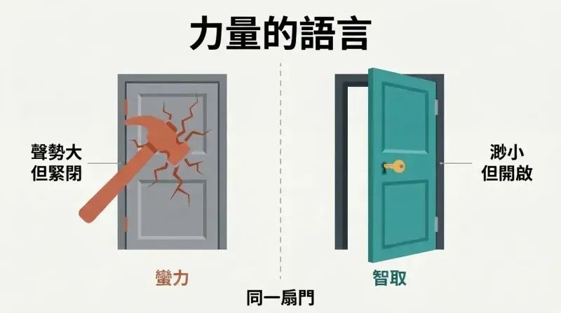 Split panel comparing a hammer breaking against a closed door on the left with a small key effortlessly opening an identical door on the right.