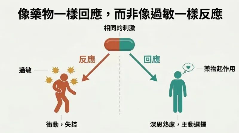 Fork diagram showing a single provocation splitting into two paths: reacting impulsively like an allergic reaction versus responding thoughtfully like effective medicine.