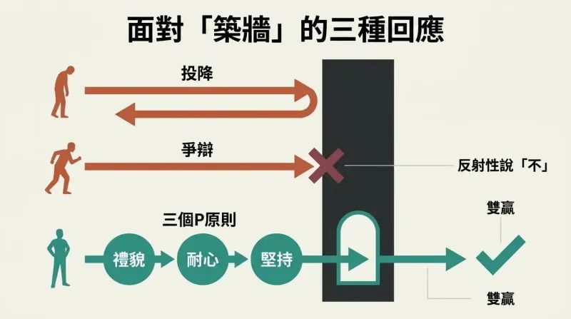 Three horizontal paths approach a vertical wall — surrender retreats, arguing collides, while politeness, patience, and persistence find a doorway through to success.