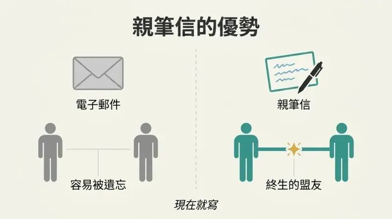 Split panel comparing an email that produces a thin faded connection line between two figures versus a handwritten note that produces a thick strong bond between them.