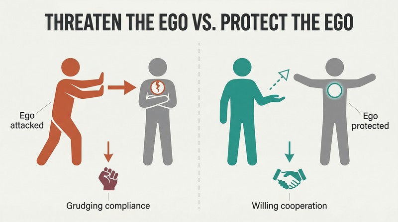 Split panel comparing two approaches: threatening someone's ego produces crossed-arms resistance while protecting their ego produces open-handed cooperation.