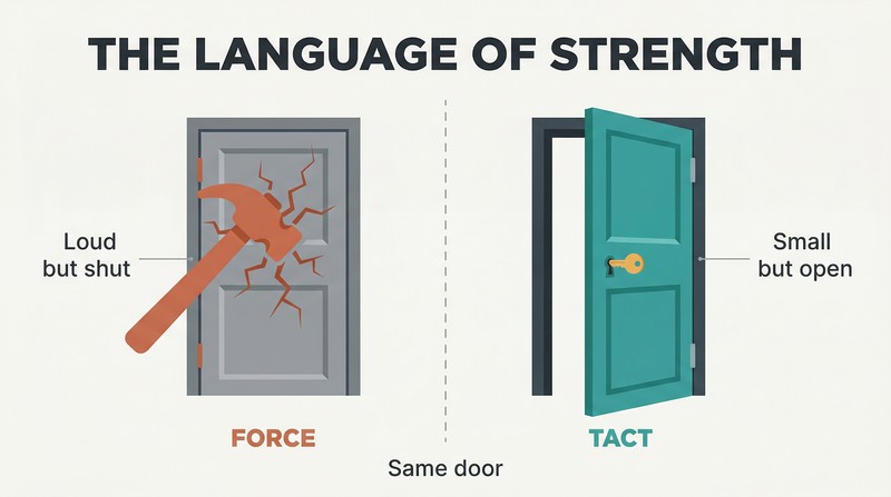 Split panel comparing a hammer breaking against a closed door on the left with a small key effortlessly opening an identical door on the right.