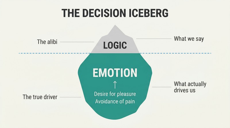 Iceberg diagram showing a small tip labeled logic above a waterline, with a much larger submerged mass labeled emotion containing pleasure and pain drivers.